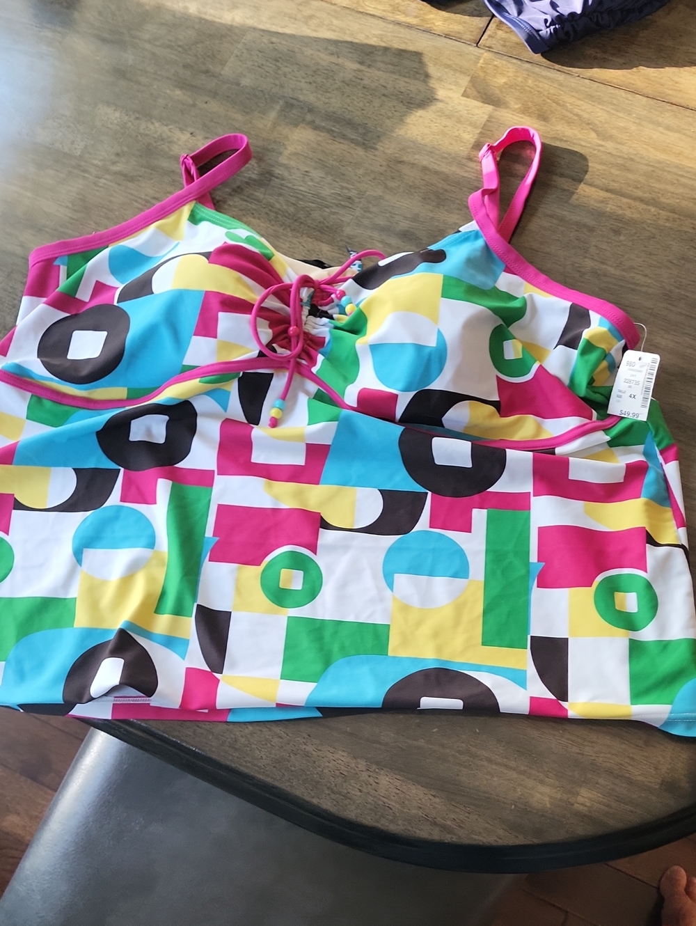 MXM Geometric Multi-Color Tankini Top with Pink Trim